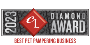 A red diamond award with the words 